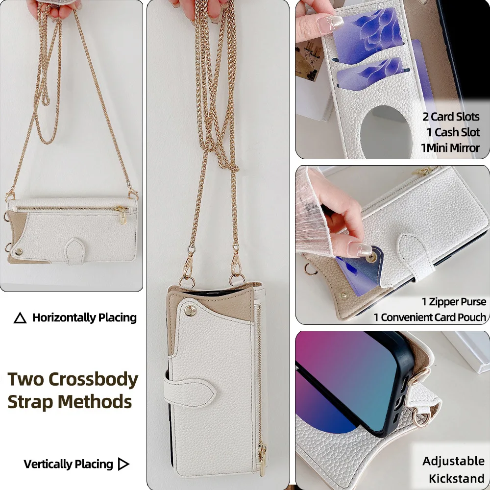Leather Magnetic Flip Wallet Case with Long Lanyard - Elegant Design Phone Cover