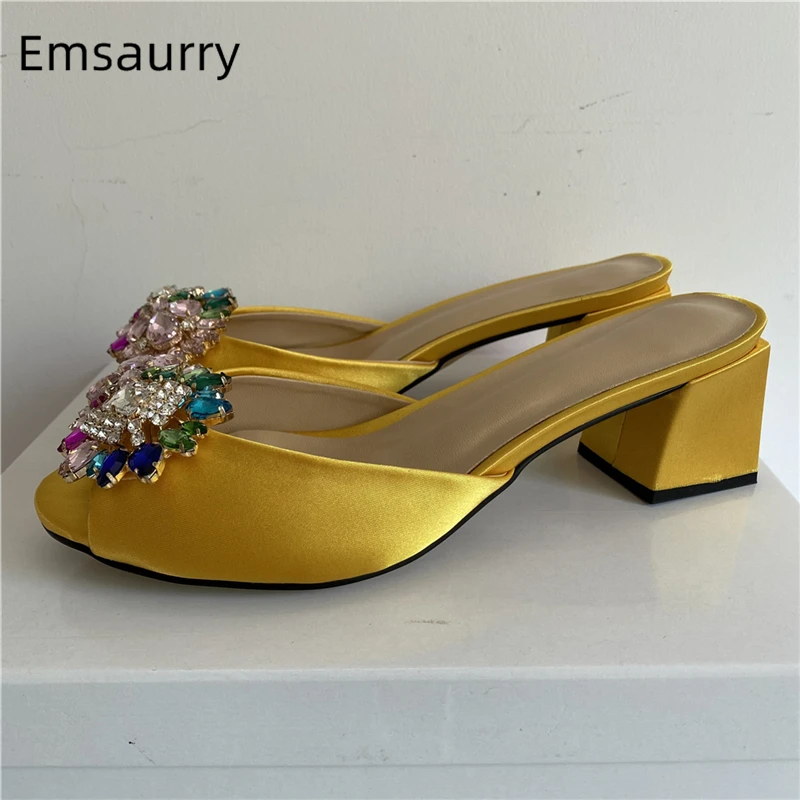 

Colorful Rhinestone Buckle Decor Sandals Women Luxury Satin Slingbacks Square Heel Summer Shoes For Girls 2024