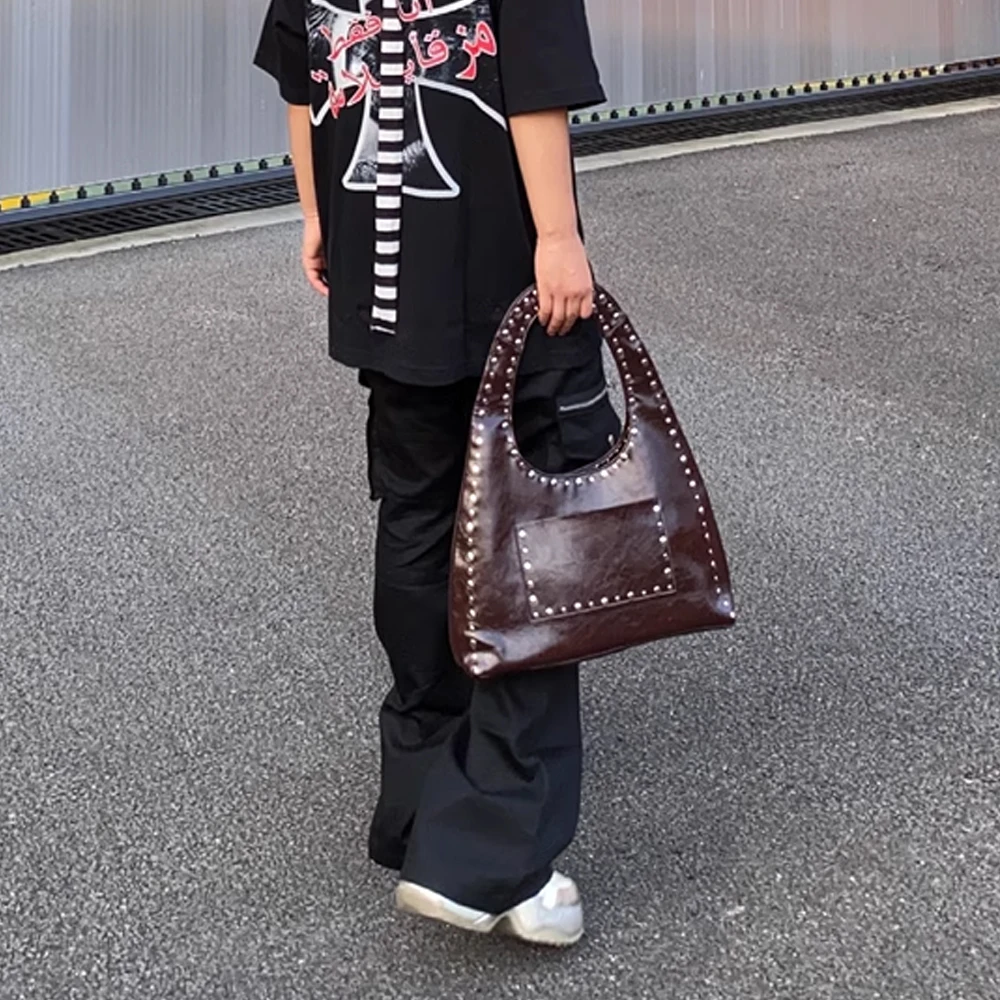 Leather Shoulder Bag 24 Retro Rivet Decorative Shoulder Bag European American Motorcycle Wind Oil Wax Leather Armpit Handbag for Women