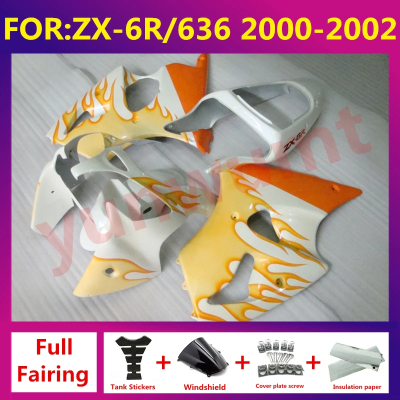 

New ABS Motorcycle full Fairing kit Fit For kawasaki ZX6R 636 ZX-6R ZX-6 2000 2001 2002 fairings kits bodywork set yellow flame