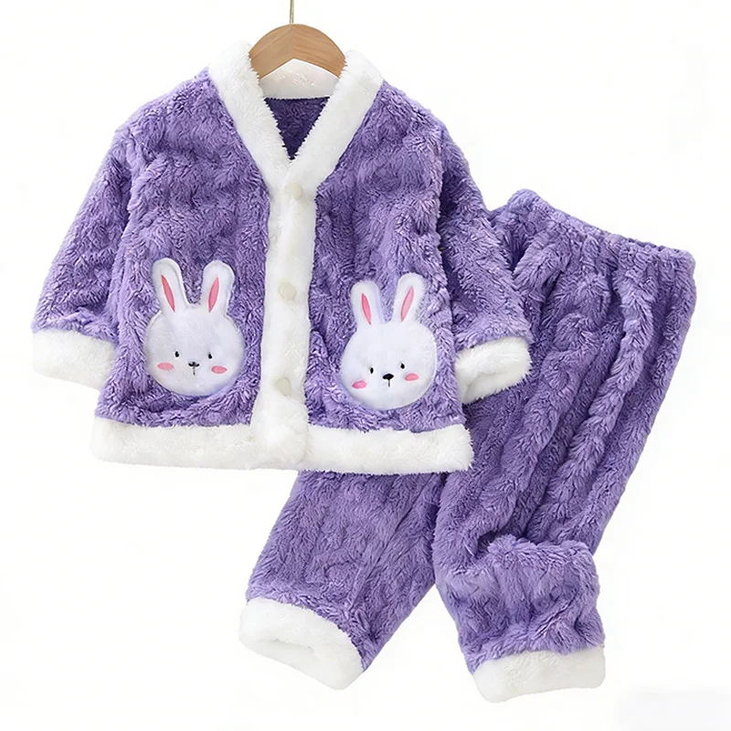 2026 New Cute Rabbit Kids Pajamas Set Coral Fleece Thick Warm Long ...