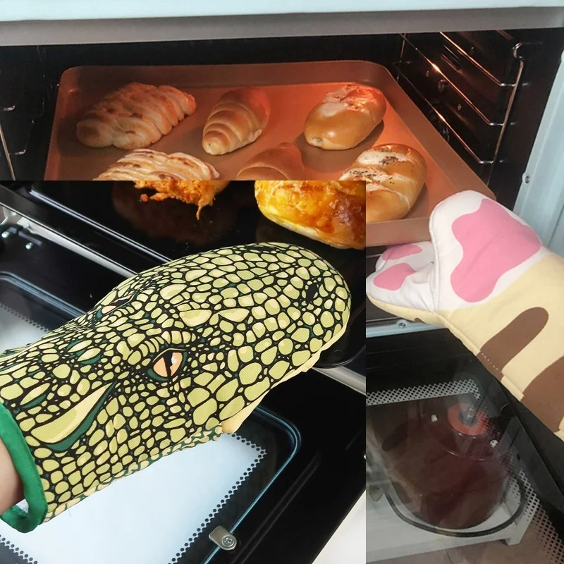 Silicone Oven Gloves Kitchen Gloves Crocodile Cat Paw Oven Glove Microwave Cartoon Animal Pattern Heat Insulation Thickened Glove Resistant BBQ Cooking Baking Mitts