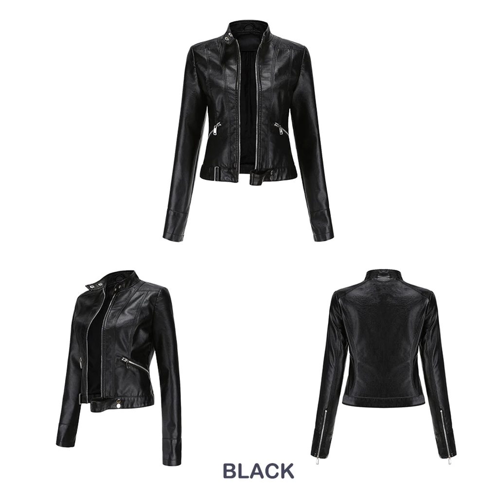 European Size Women\'s Leather Jacket Slim Fit Jacket Thin Spring Tie Straps Jacket Women\'s Motorcycle Suit Large Standing Collar