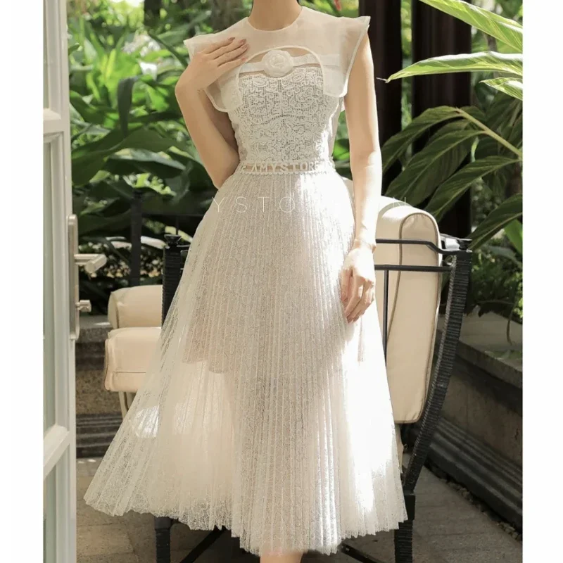 

White Elegant Mesh Dress Women 2024 Summer Embroidery Flower Party Vestido Sleeveless High Waisted Bodycon Clothing Vintage