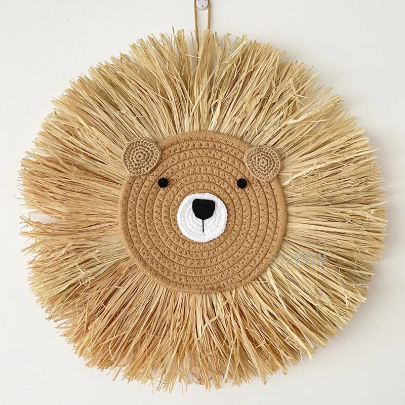 INS Nordic Handmade Lion Wall Decor Cotton Thread Straw Woven Animal Head Wall Hanging Ornament for Nursery Baby Room Decoration 2
