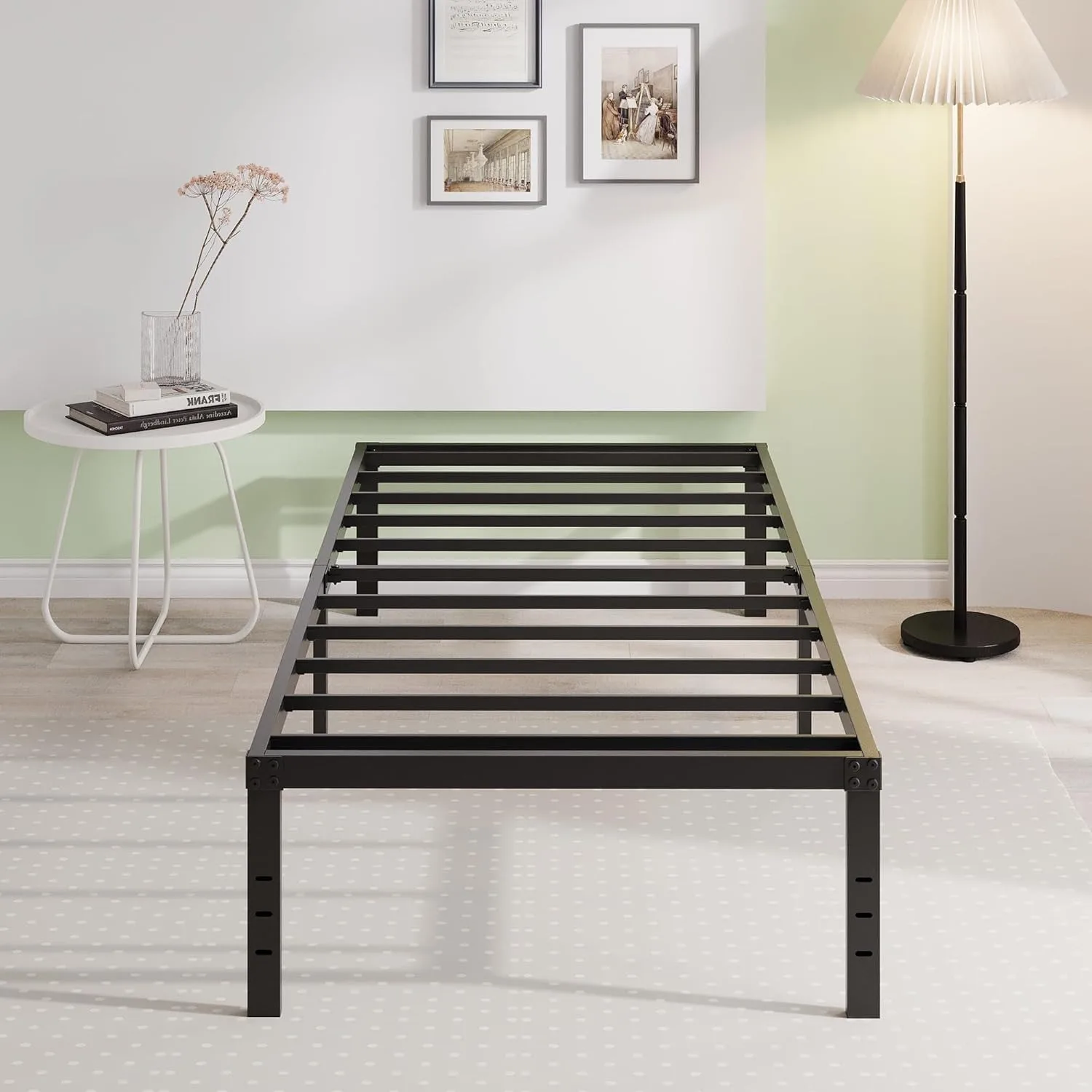 18 inch double bed frame without springs, heavy-duty high metal double bed frame, noise free, easy to assemble, black 6