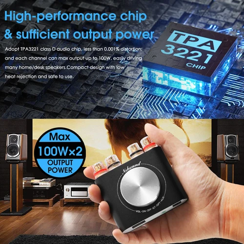 Nobsound Q10 미니 디지털 AUX/광학 증폭기, 블루투스 5.0 수신기, 하이파이 클래스 D 데스크 파워 앰프, 100W + 100W 4