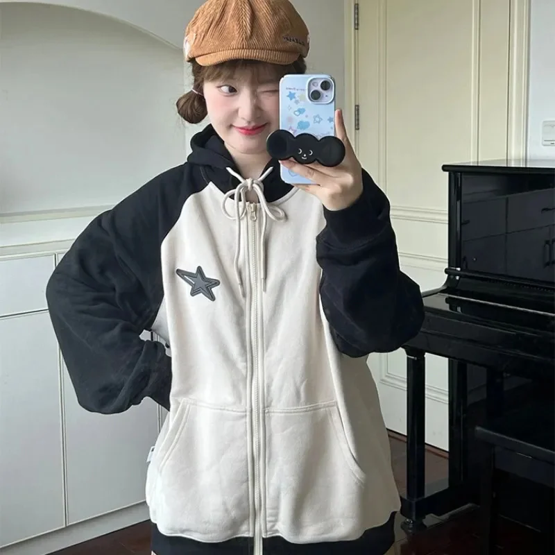 

Harajuku Zip Hoodies Women Japanese Style Oversize Sweatshirts Kawaii Patchwork Star Girl Y2k Hooded Preppy Korean Fashion