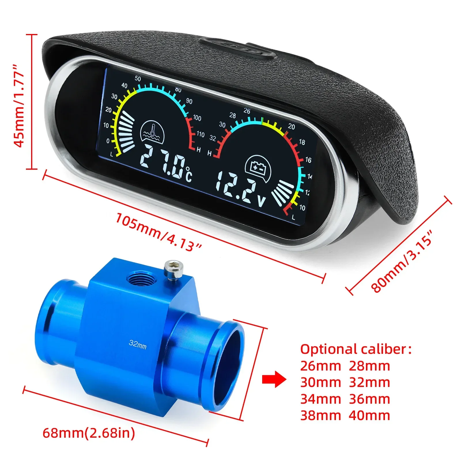 ? 자동 게이지 2in1 LCD 수온계 & 전압계 2 in 1 조인트 파이프 어댑터 포함 1/8NPT OD 26MM-40MM 10mm 온도 센서