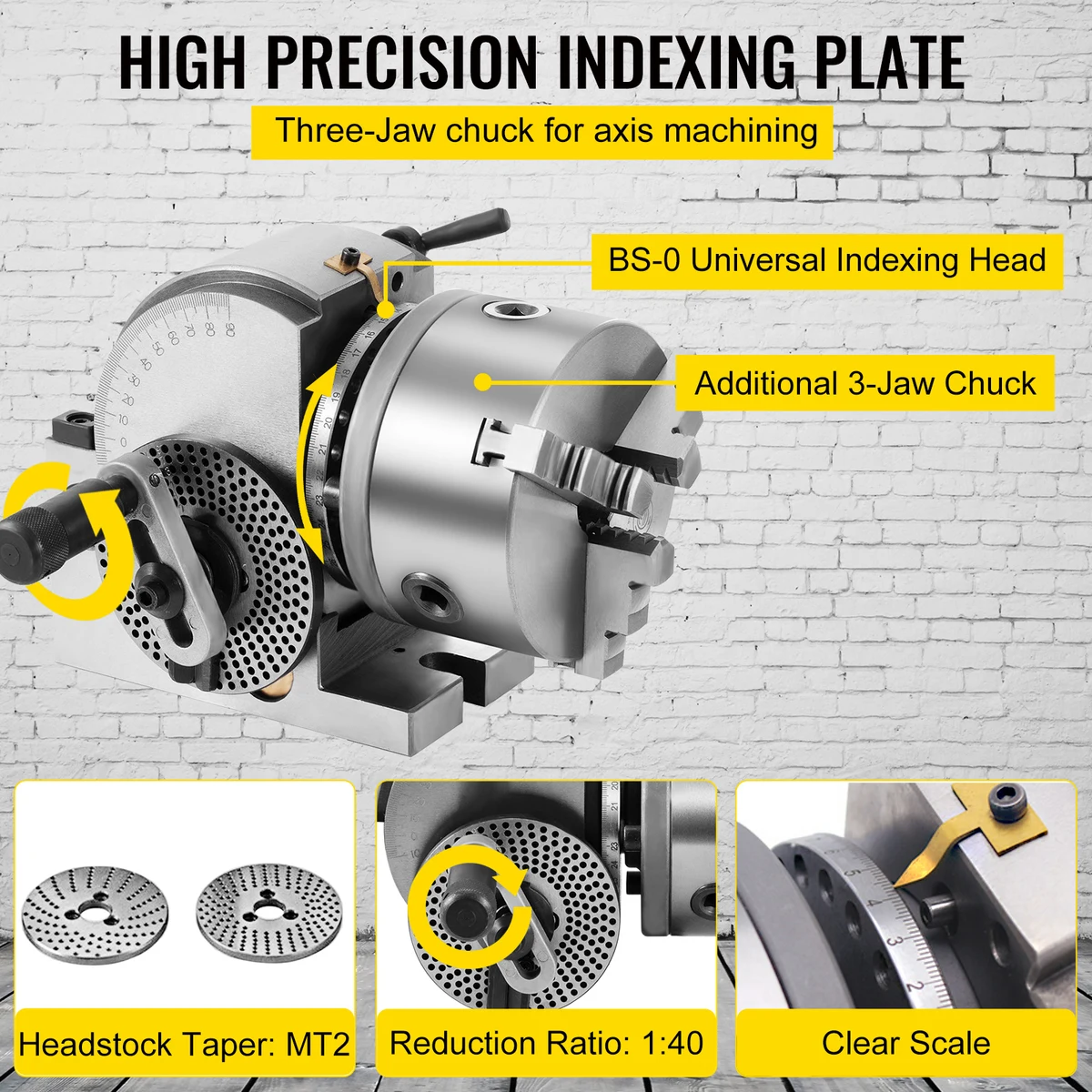 SucceBuy Dividing Head Precision Semi Universal BS-0 5" / 4" 3-Jaw Indexing Head Tailstock & Chuck for Drilling Milling Grinding — view 5