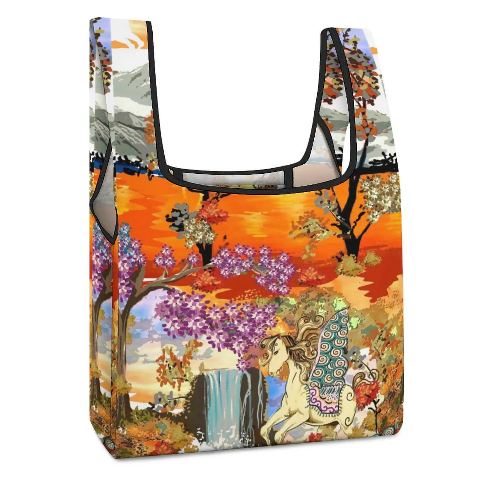 Customized Printed Collapsible Shopping Bag Double Strap Handbag Colored Printing Tote Casual Woman Grocery Bag Custom Pattern toile de jouy navy blue motif pattern grocery tote shopping animal forest floral art shoulder shopper bag big handbags