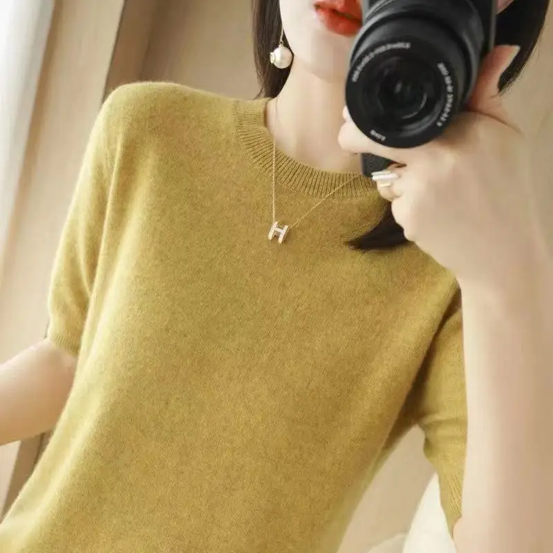 ตัวเลือกสินค้า ฤดูใบไม้ผลิและฤดูร้อนใหม่แขนสั้นผู้หญิง O-คอ Slim Wool Cotton Blend เสื้อกั๊กเสื้อยืดถักเสื้อกันหนาว
