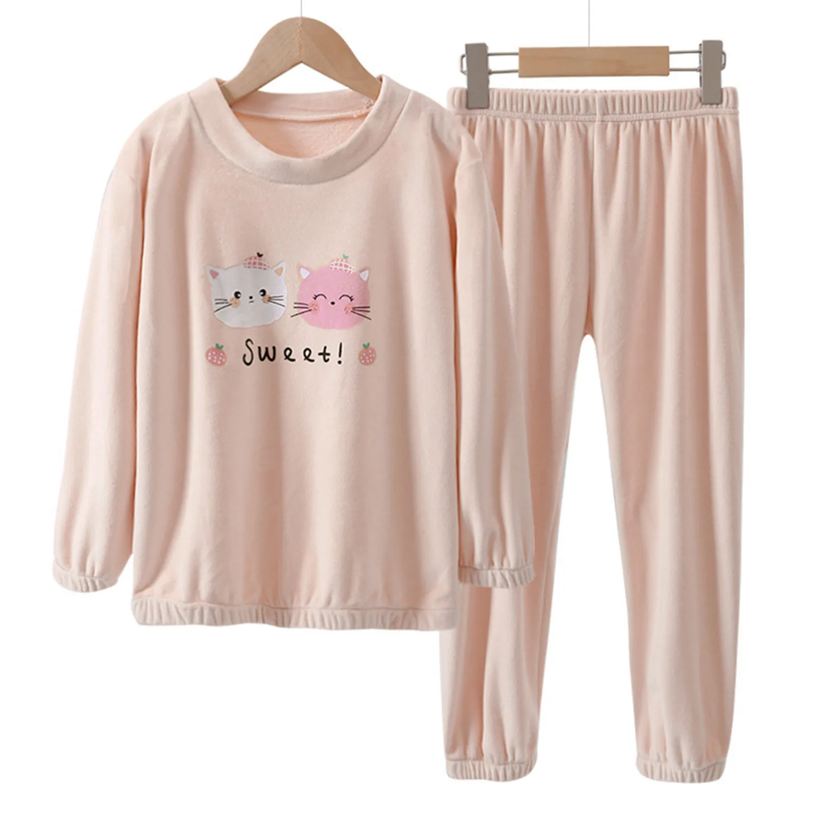 

Одежда для сна для девочек, зимний топ с длинным рукавом и штаны с мультяшным принтом кота, комплект одежды из 2 предметов, флисовая удлиненная одежда, домашняя одежда