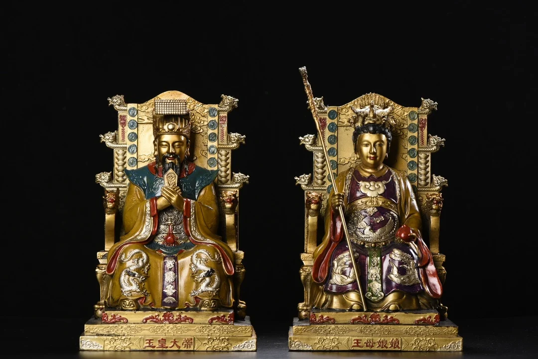 

11"Tibetan Temple Collection Old Bronze Painted The Jade Emperor Queen Mother West Dragon Chair Sitting Statue Worship Hall