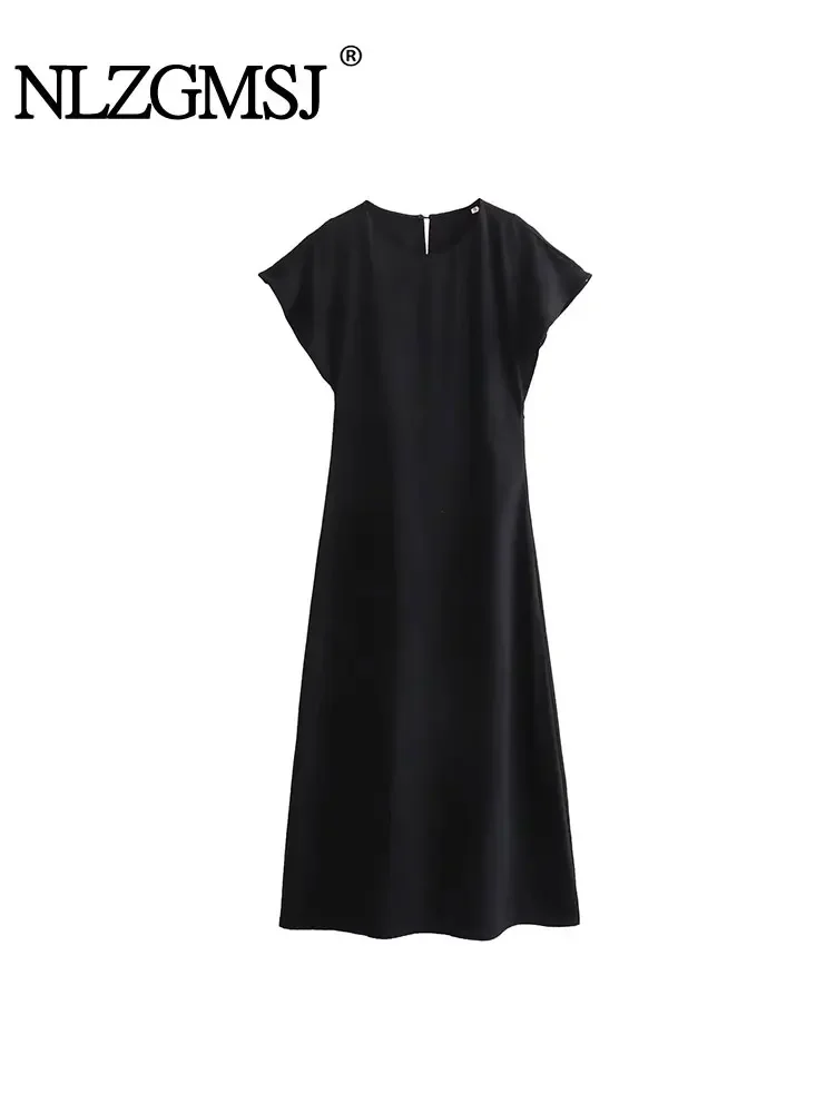 

Nlzgmsj TRAF 2024 Women Vintage Short Sleeve Mid-Length Dress 2023 Ladies Pleated High Waist O-Neck Simple Summer Long Robe