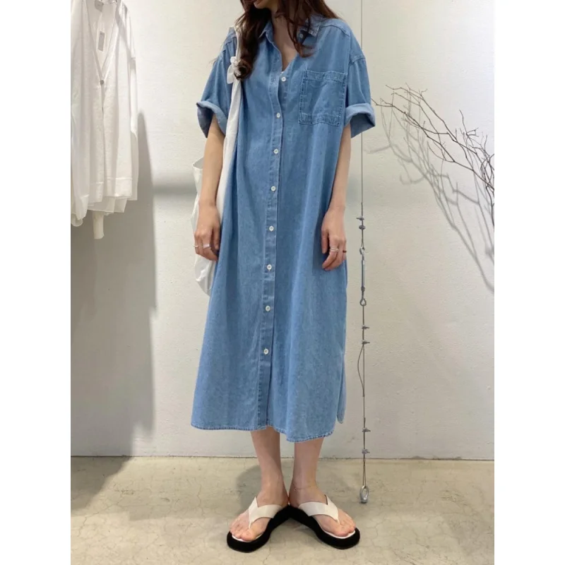 

Летние женские платья 2023, джинсовая рубашка с отложным воротником на пуговицах, длинные уличные платья с коротким рукавом, винтажные стильные платья-рубашки