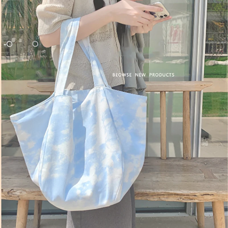 

Japanese Style Sky Pattern Large Capacity Beach Bag Candy Color Ladies Hand Bags Vintage Bandhnu Original Trendy Women Tote Bags