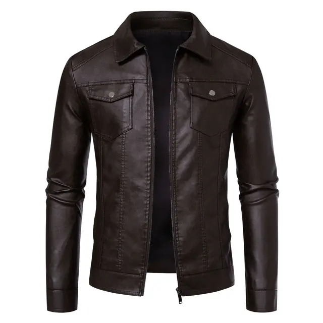 Men's Motorcycle Leather Jacket Large Size Pocket Black Zipper Lapel Slim Fit Male Spring and Autumn High Quality Pu Coat M-5Xl 2
