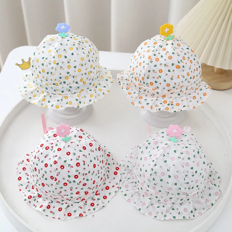 

4 Colors Cute Floral Baby Girls Hat Adjustable Cotton Princess Bucket Hats Newbron Sunshade Headwear Accessories 0-6M