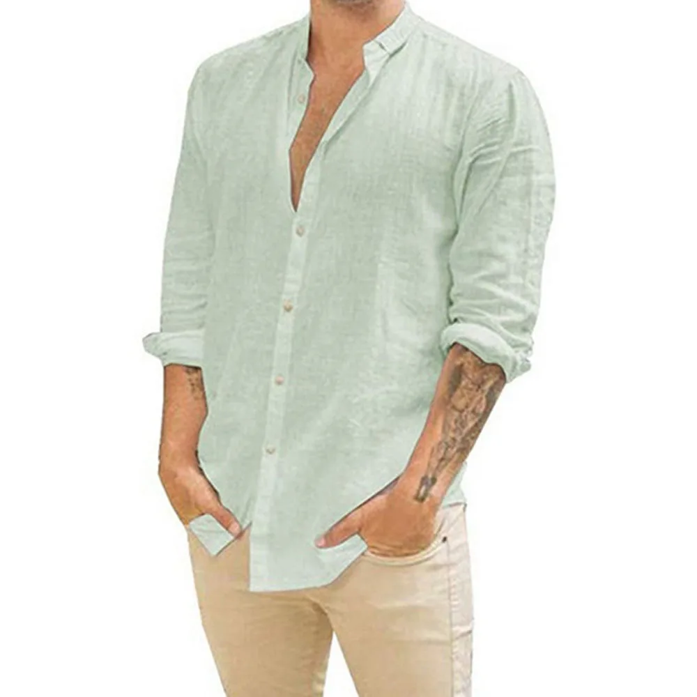 Men Flax Button Loose Blouse Tops Spring Summer