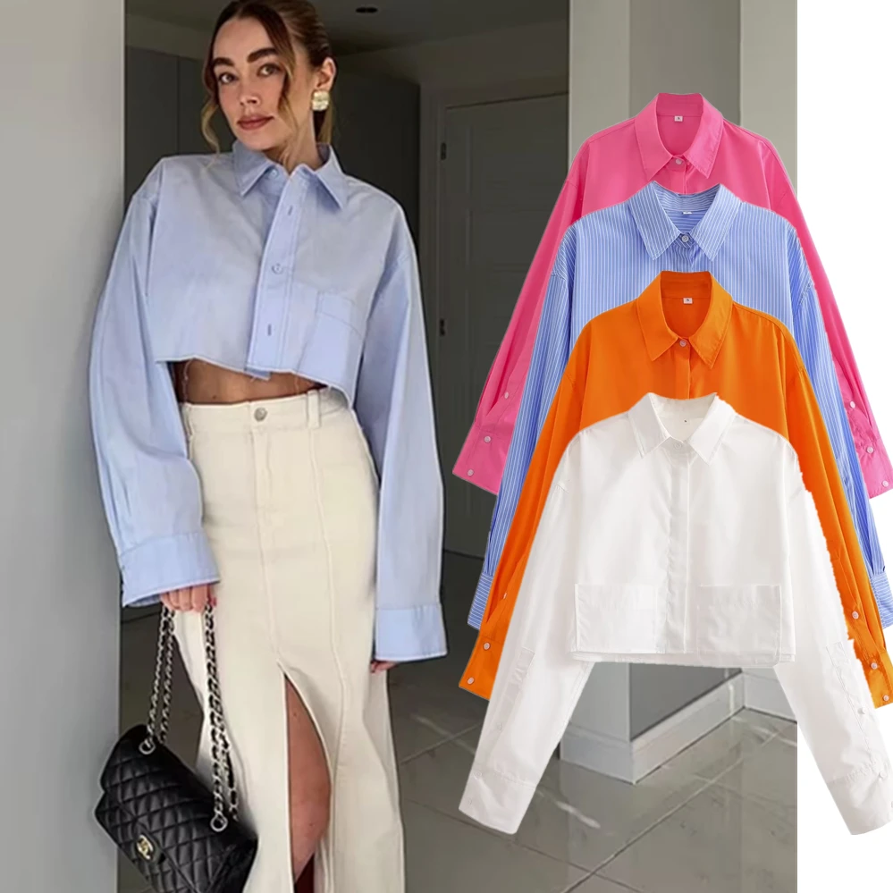 Jenny&Dave French Fashion Ladies Summer Blouse Blogger High Street Pocket Cropped Shirt Retro Casual Tops Women