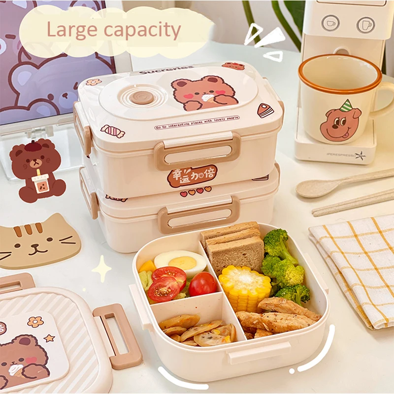 Fiambrera de oso Kawaii para mujer y niño, caja de almuerzo con