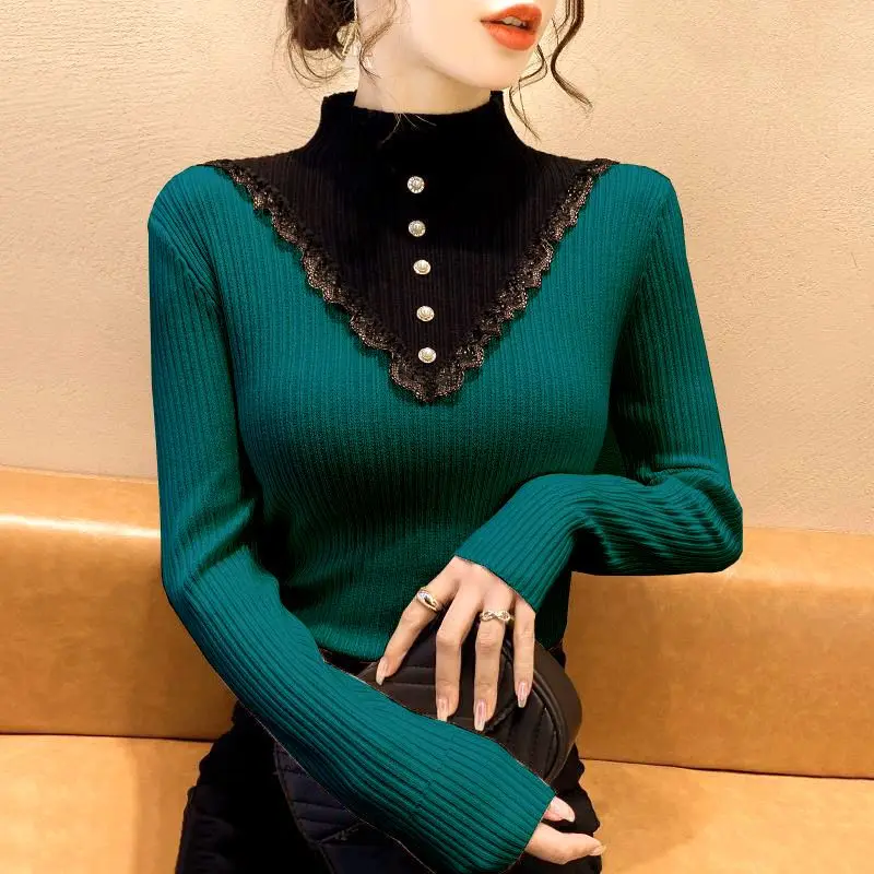 

Half High Necked Sweater Autumn Winter New Long Sleeve Contrast Slim All-match Knitting Pullovers Elegant Fashion Women Clothing