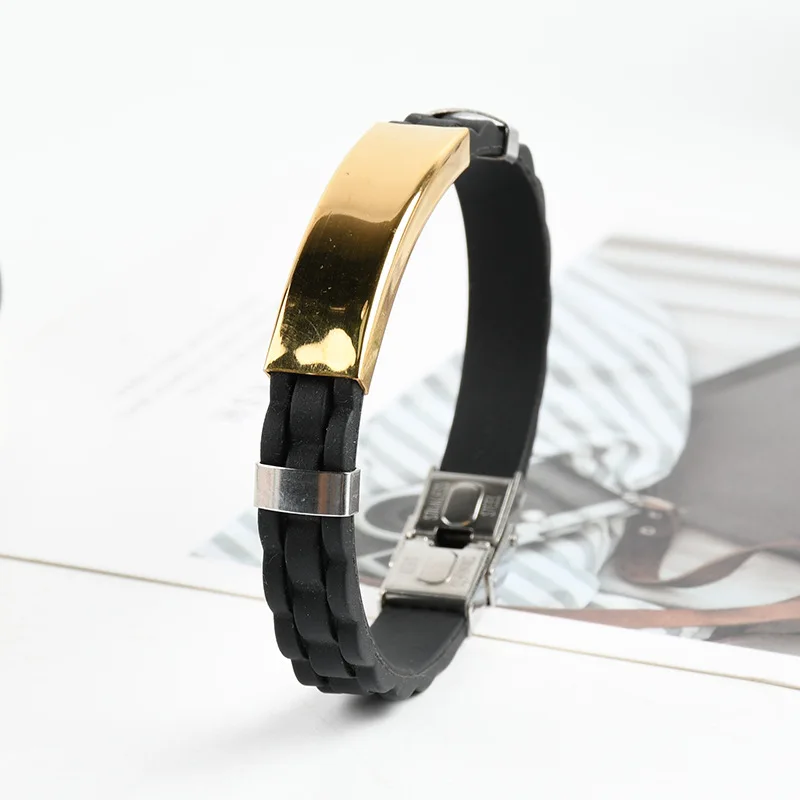 New Trendy Men Silicone Sports Weave Bracelet Leisure Color Contrast Stainless Steel Bangle Men's Party Birthday Gift