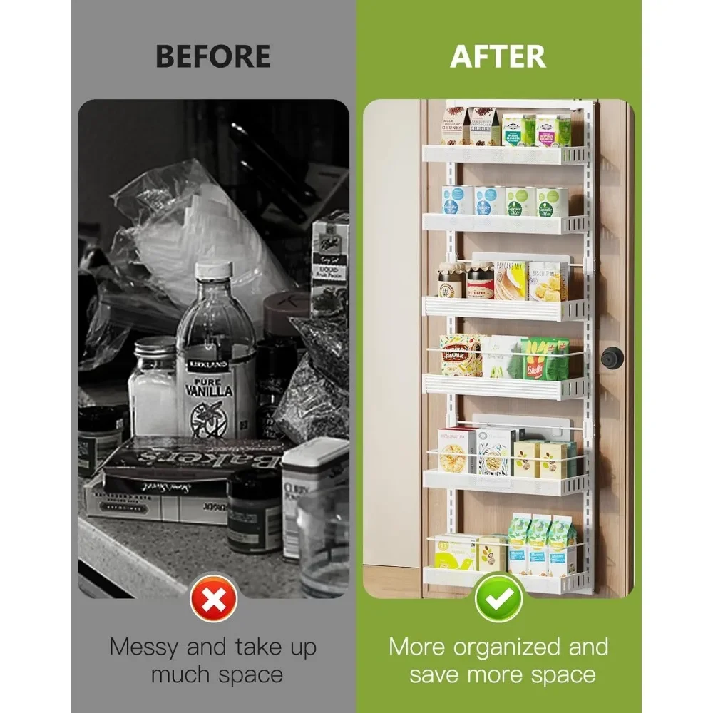 6-Tier Over The Door Pantry Organizer, 2 in 1 Large Door Spice Rack with Adjustable Metal Baskets, Heavy Duty Hanging