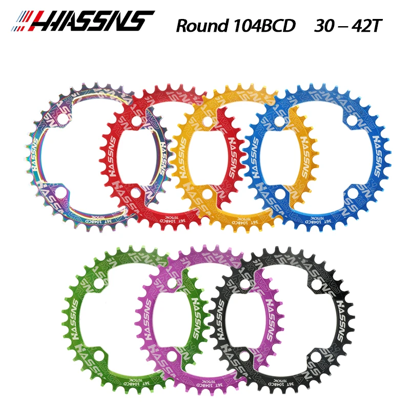 HASSNS MTB Chain Ring Oval Crown 104bcd Crown 30 32 34 36 38 40 42 Teeth Mountain Bike Chainring Bicycle Sprocket Round Cycling snail round chainring 104bcd 30t mtb bike chainwheel narrow wide chain ring positive and negative