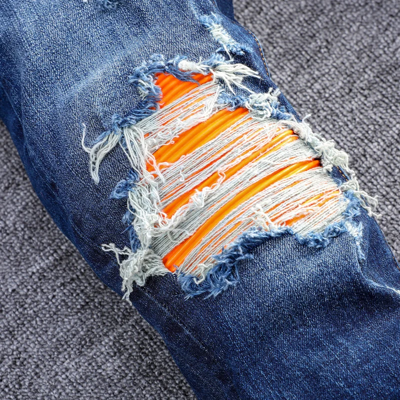 High Street Fashion Men Jeans Retro Blue Stretch Skinny Fit Ripped Jeans Men Orange Leather Patched Designer Hip Hop Brand Pants