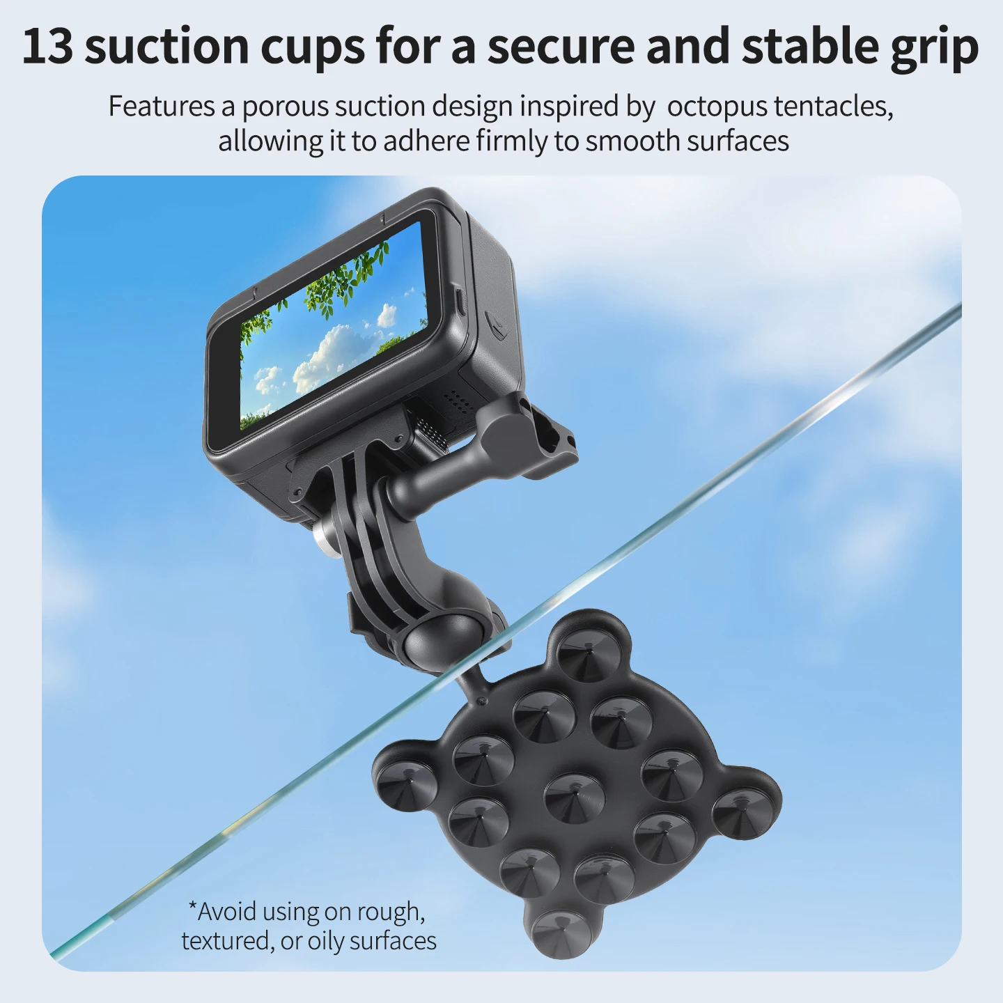 Angle de vue large d'un support ventouse 360° réglable pour caméra d'action Insta360, GoPro, DJI, avec la caméra fixée en position verticale.