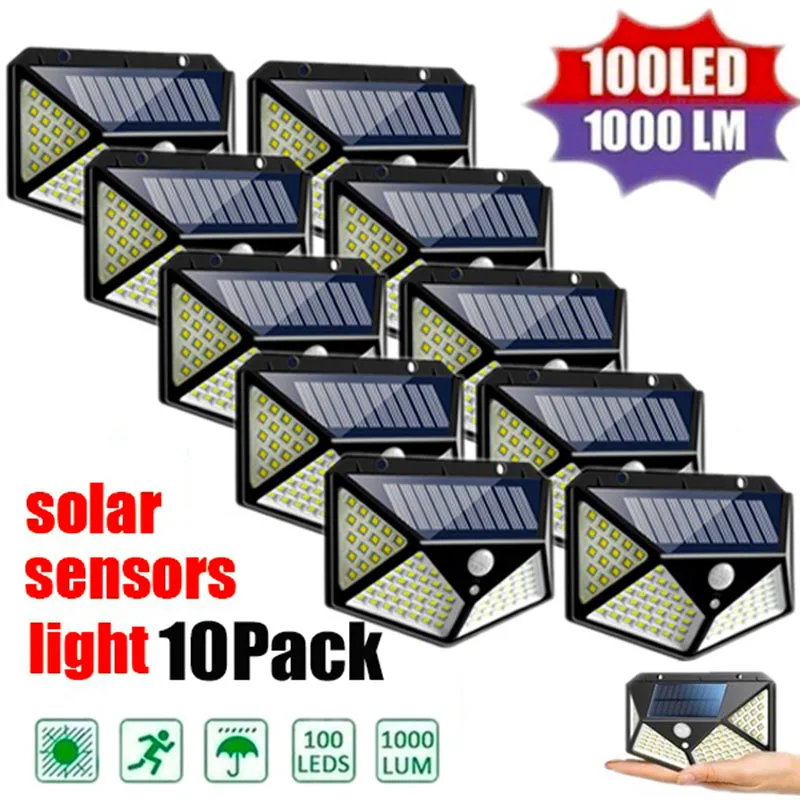 1/2/4/8/10PCS 100 LED Solar Power Wall Light Motion Sensor Waterproof Outdoor Garden Lamp