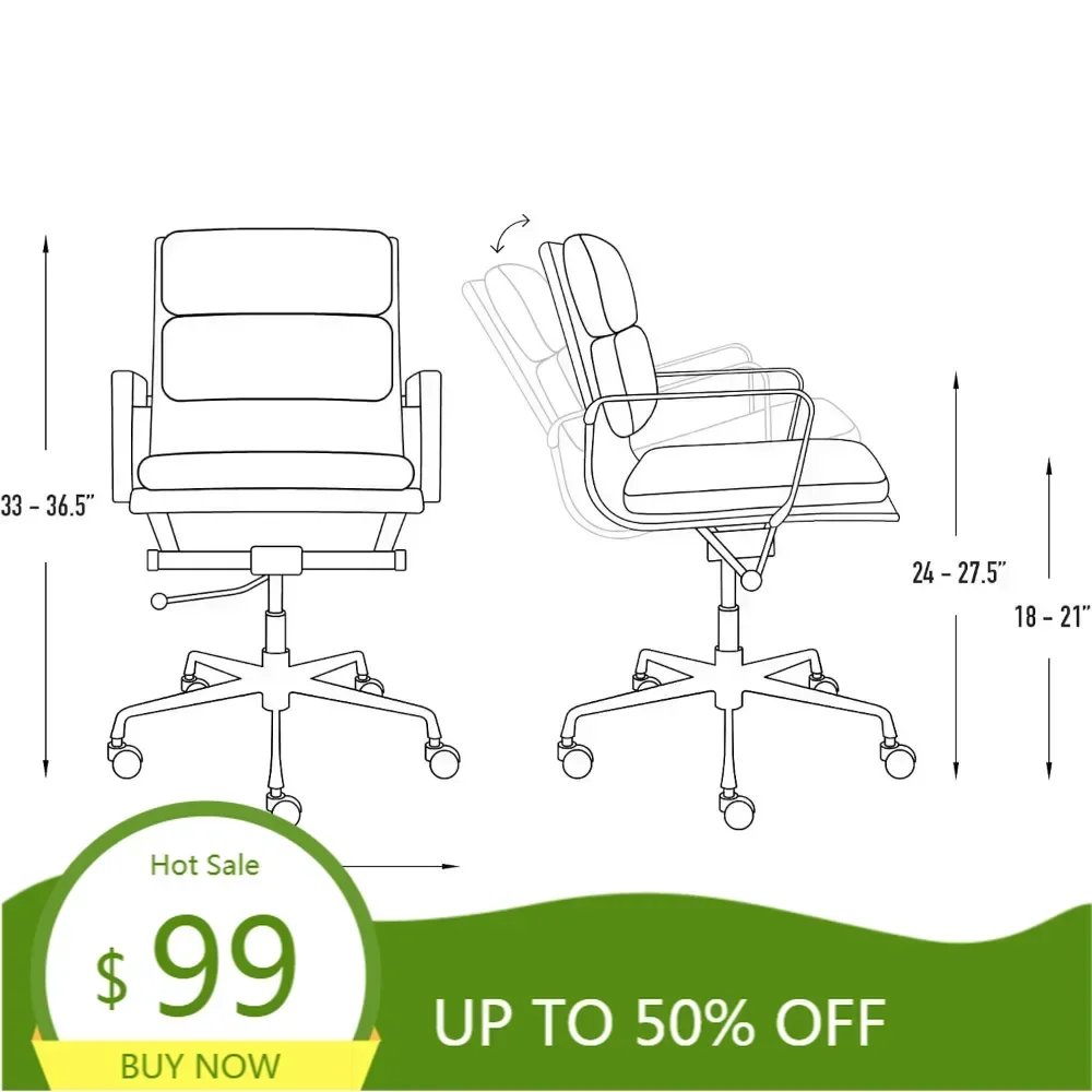 "mid-back ergonomic office chair with padded seat, swivel, and armrests - faux leather desk chair"