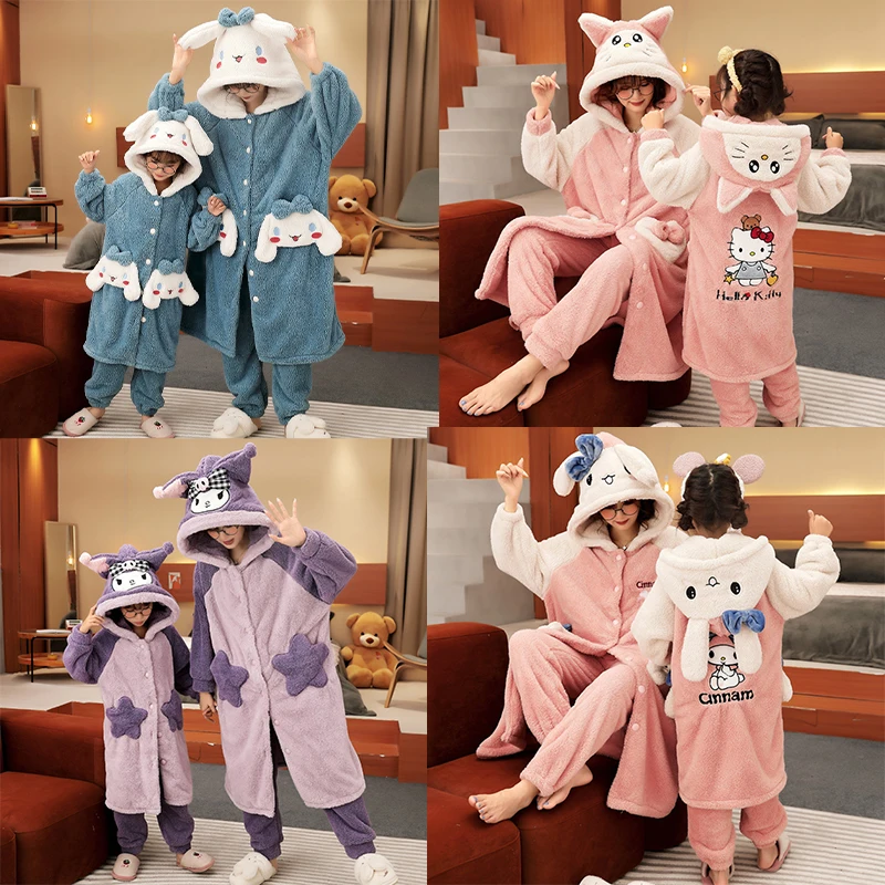 

Плюшевый Пижамный костюм Sanrios с героями аниме Hello Kitty для девочек, детская фланелевая ночная рубашка с героями мультфильмов, 2 шт., зимняя теплая Домашняя одежда, подарок для девочки
