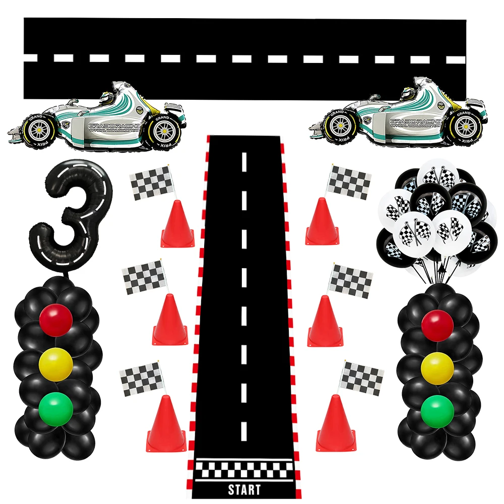 Race Car Party Decor checkered flag Race car party balloon Banner flag decor racetrack Race road kids boy Racing themed birthday party decor supplies