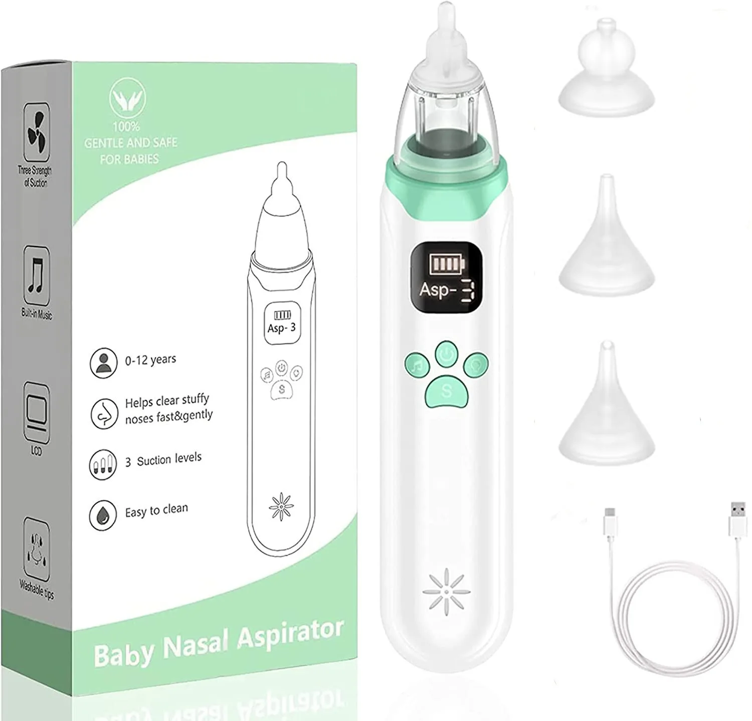 Electric Baby Nose Cleaner with 3 Silicone Tips Adjustable Suction Electric Children Nasal Aspirator Safety Convenient Low Noise