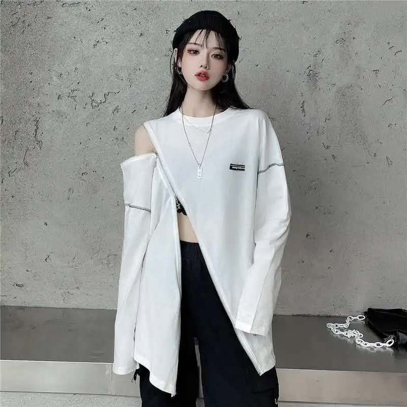 

COZOK/ Y2K Zip Up T Shirts Women Harajuku Punk Off Shoulder Tee Loose O-neck Long Sleeve Sexy Tops Hip Hop Streetwear