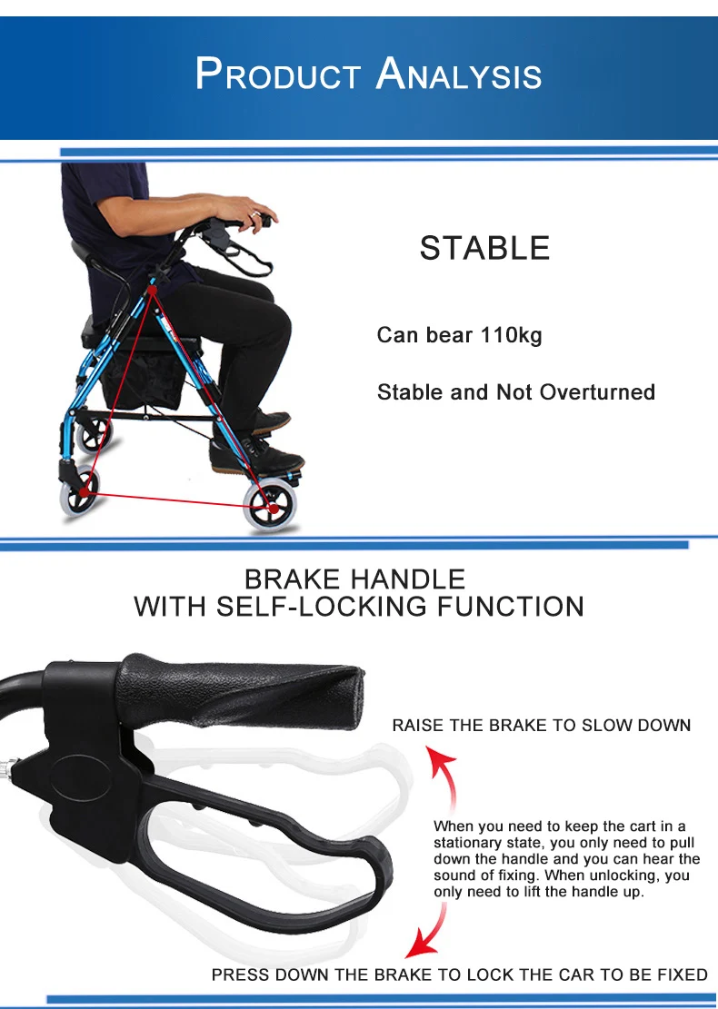 Lightweight Aluminum alloy foldable Elderly walker Rollator Walker with Leather cushion Medical Walking Aid disabled Walker