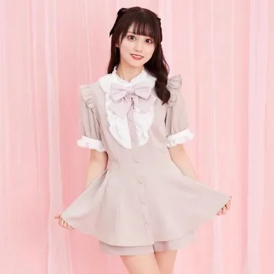 Japanese Style SC Shorts Set Mine Slim-Fit Bow Lace Shirt Sweet Dress Shorts Two-Piece Set Women Rojita Culottes Fashion Outfits
