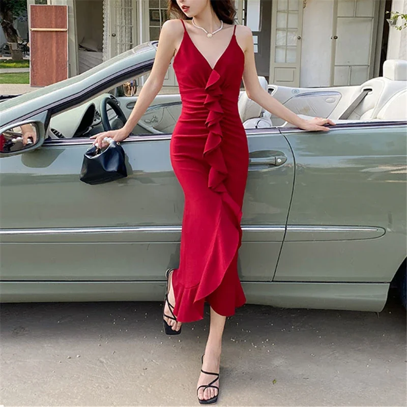 

Romantic Red Midi Dress for Women Elegant One Piece Spaghetti Strap Vestidos Evening Party Sexy Dresses French Female Clothing