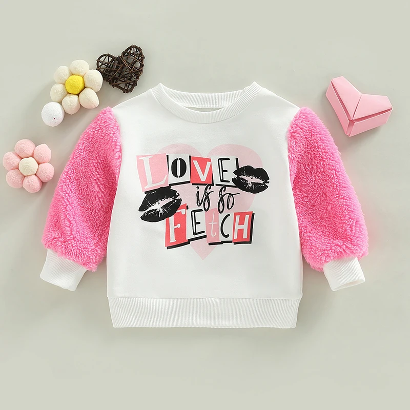 FOCUSNORM 0-24M Toddler Baby Girls Sweatshirt T Shirts For Valentine's Day Letter Fur Patchwork Long Sleeve Pullover T-shirt