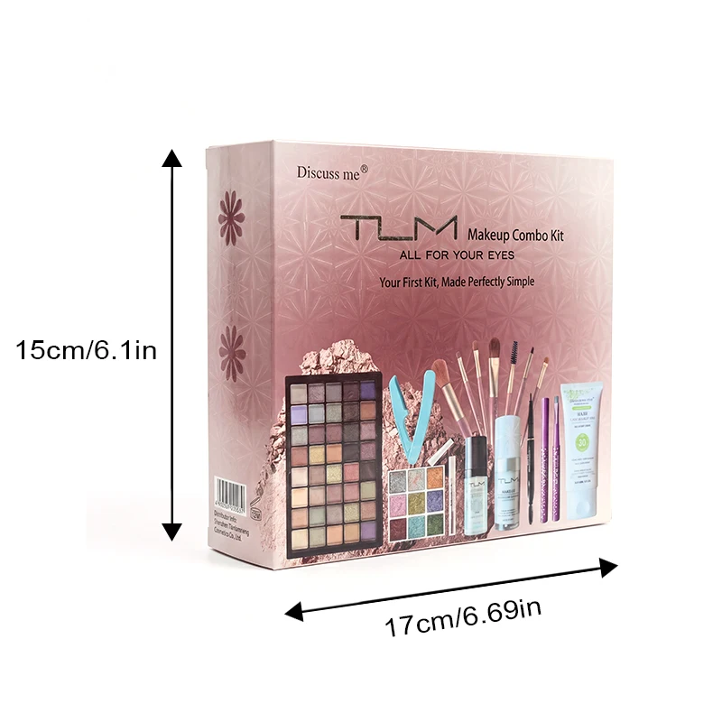 TLM FULL 18‑PIECE MAKEUP COMBO KIT, BEGINNER MAKEUP GIFT BOX, INCLUDES EYESHADOW PALETTE, GLITTER SEQUINS, MAKEUP BRUSHES, LIQUID FOUNDATION, MAKEUP PRIMER, CLEANSING CREAM, EYEBROW PENCIL, EYEBROW TRIMMER, PERFECT FOR VALENTINE'S DAY GIFT. 8