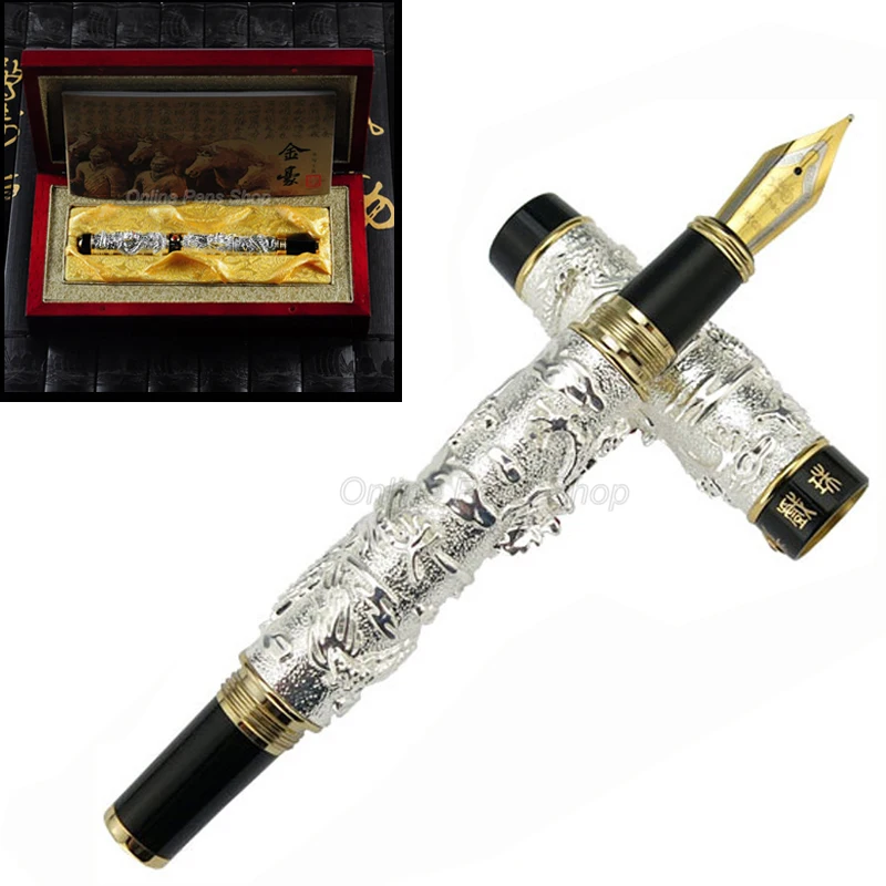 

Jinhao Classic Double Dragon Playing Pearl, Metal Carving Embossing Heavy Pen Silver & Black Writing Gift Set With Gift Box JF01