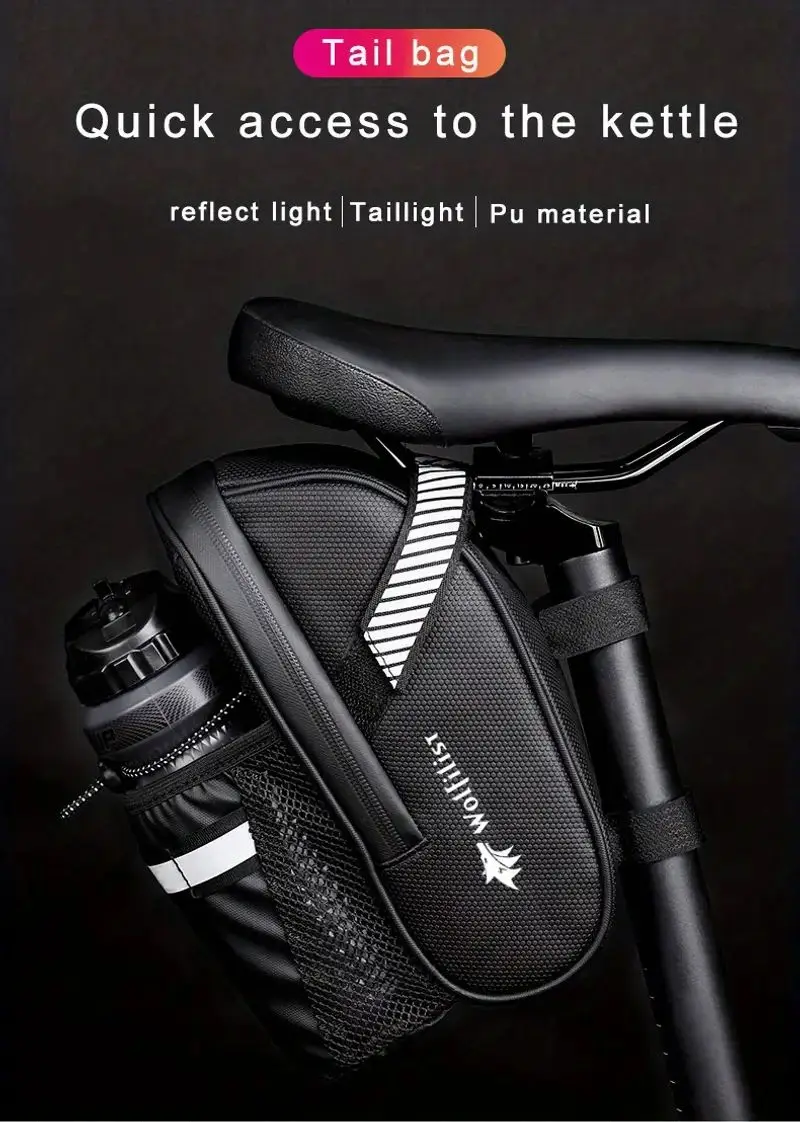 Description Picture 2 of itemWOLFILIST Bike Seat Bag with Water Bottle Holder Bag, Reflective Bicycle Saddle Bag Bike Accessories Waterproof, and Ultra Light