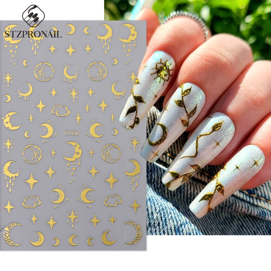 

3D Metallic Gold Moon Earth Nail Art Stickers Silver Snake Stars Sun Planet Sliders DIY Manicure Decoration Accessories Tips SLF