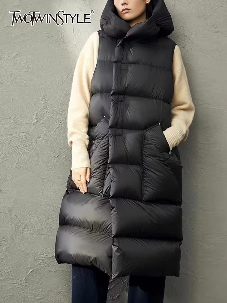 

TWOTWINSTYLE Solid Casual Parkas For Women Hooded Sleeveless Patchwork Pockets Minimalist Temperament Parka Female Fashion New