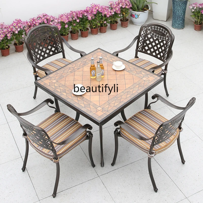 

Outdoor Courtyard Garden Table and Chair Cast Aluminum Waterproof Table and Chair Combination Outdoor Leisure Tea Table