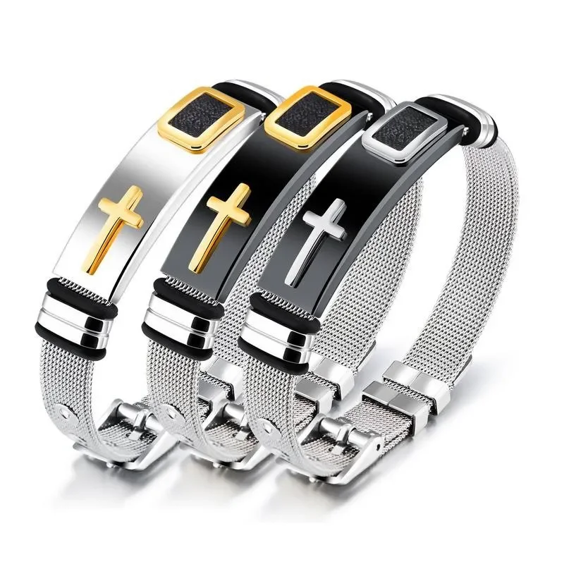 Bracelet Jewelry Length Adjustable Stainless Steel Strap Bracelets For Man Women Watch Band Style Punk Net Band Christian Cross Prayer Male