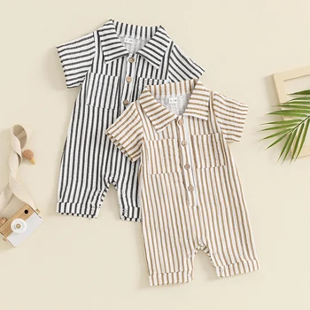 2024-05-10 Lioraitiin Summer Infant Baby Boy Striped Romper Short Sleeve Front Single-breasted Legs Jumpsuit Clothes 1